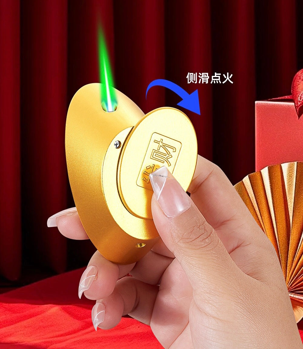 Simulated gold ingot windproof green flame 360-degree rotating lighter